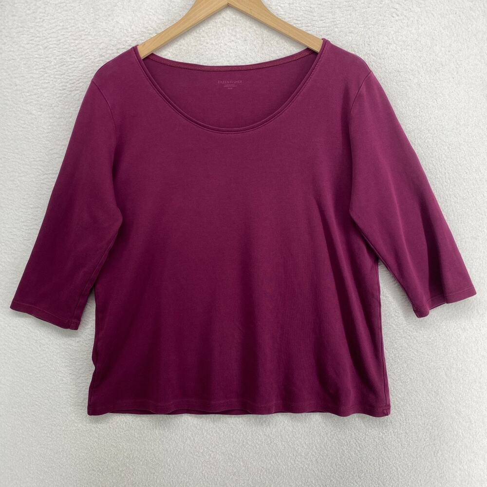 EILEEN FISHER Top M Organic Cotton Interlock Jersey Scoop Neck 3/4 Sleeve Purple